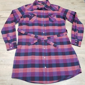 Wrangler Retro Hemdblusenkleid Damen XXL Pearl Snap lila pink kariert Flanell Gürtel - Bild 1 von 10