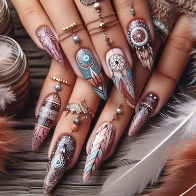 24Pcs Flower Fake Nail Almond Press on Nail False Nail Tips Artificial Nail - Image 1 of 4