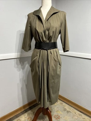 Lafayette 148 Khaki Cotton Shirt Dress with Faux-Leather Brown Belt, Sz 10 - Image 1 of 4