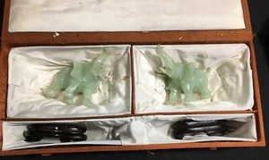 Vintage Chinese Jadestone Pair Elephant Figurines on Stands 4" Nice Beauty Great - Picture 1 of 13