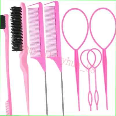 Pink 8Pcs Hair Brush Set - Teasing Brush, Edge Brush & Hair Styling Tools - Image 1 of 4
