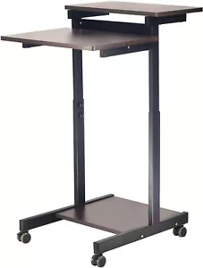 Sturdy Computer Rolling Desk Two Tier Keyboard Monitor Height Adjustable Brown - Picture 1 of 8