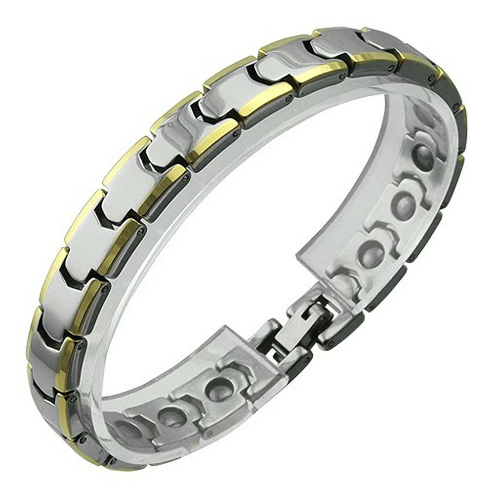 Brazalete de terapia magnética de tungsteno dorado minimalista para mujer 9 mm de ancho 7 1/2 pulgadas de largo Foto 1 de 4
