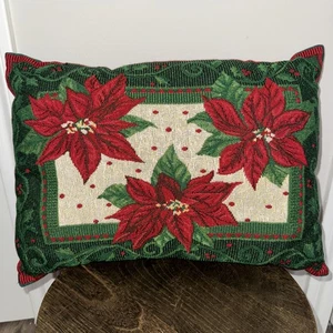 Poinsettias Green/Red Holiday Christmas Tapestry Lumbar Throw Pillow 12”x17” - Picture 1 of 12