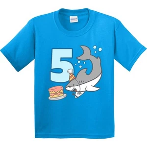 Inktastic 5th Birthday Shark With Cake Youth T-Shirt Sharks Lover Grey Reef Year - Picture 1 of 6