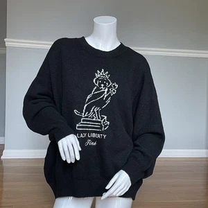 Victoria’s Secret PINK Sweater XL Lady Liberty Dog Black Oversized Pullover - Picture 1 of 11