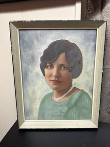 Vintage Portrait Gemälde Frau Socialite Brünette 20er Flapper Girl gerahmt 15x12 - Bild 1 von 6