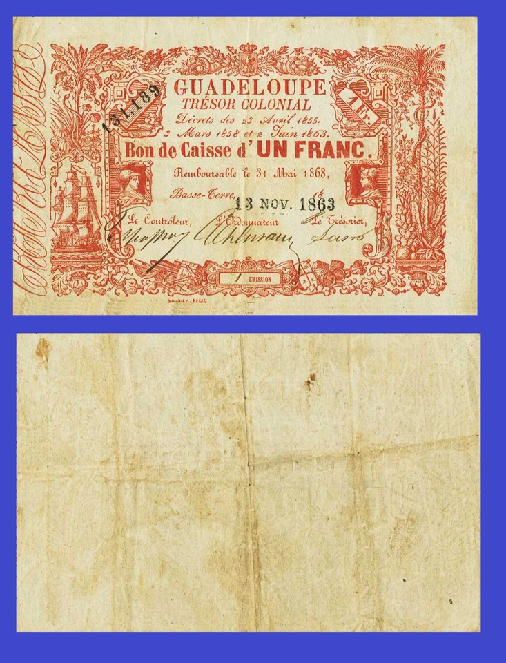Guadeloupe 1 francs 1863 - Copy  - Image 1 of 1