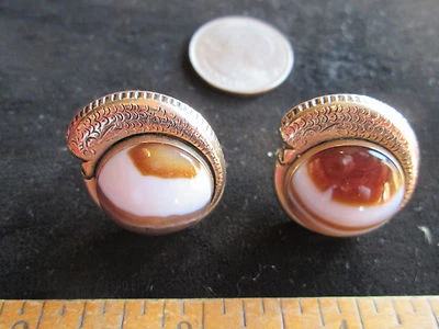 Vintage Pair Agate Stone Swank Men's Cufflinks Gold Plated Fish Setting Unique - Image 1 of 4