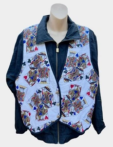 LAVON 1980's VINTAGE Black WHITE PLAYING CARDS NYLON TRACK SUIT JACKET WOMENs M - Picture 1 of 10