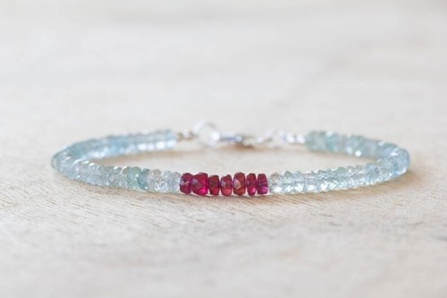 VALENTINO Bracciale perle rondelle sfaccettate acquamarina rubino naturale 7" in argento 925 regalo