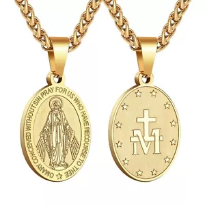 Miraculous Medal Virgin Mary Necklace for Men Boys Stainless Steel Religious - Picture 1 of 7