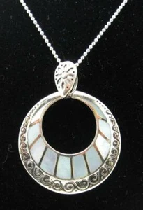 PRETTY ESTATE BLUE MOTHER OF PEARL STERLING SILVER PENDANT NECKLACE, 16" long - Picture 1 of 8