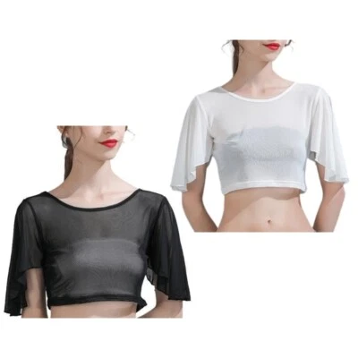 See Through Mesh Crop Top for Women Ruffle Flutter Half Sleeve Fashion Shirt - Image 1 of 4