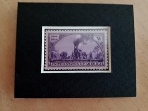 Matted 1944 unused US postage stamp, transcontinental railroad 75th anniversary