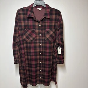 Terra & Sky Burgundy/Brown Flannel Plaid Shirt Dress Size 2X - Picture 1 of 5
