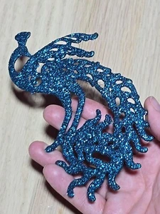 Set Of 7 Flat Blue Glitter Peacock Ornaments 6" - Picture 1 of 4