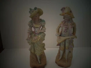Vintage-Hand Painted Fern Japan Bisque Woman and man w/Mandolin,9 1/2"tall - Picture 1 of 5