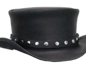 Black Leather Steampunk Top Hat – Silver Studded Band, Gothic Rocker Style - Picture 1 of 2