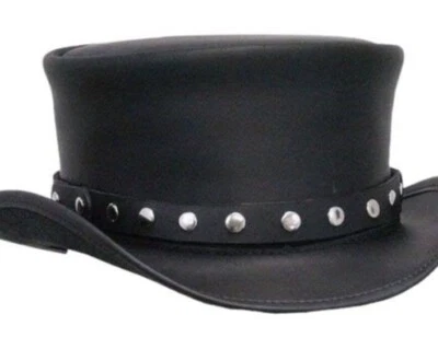 Black Leather Steampunk Top Hat Silver Studded Band Gothic Rocker Style - Image 1 of 2
