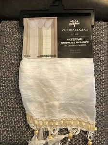 NEW Victoria Classics White Waterfall Taffeta Grommet Valance Fringed gold 36x37 - Picture 1 of 7