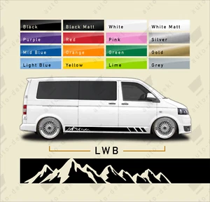 Fits VW T5 T6 Transporter LWB - MOUNTAINS Side Stripe Decals Camper Van Stickers - Picture 1 of 17
