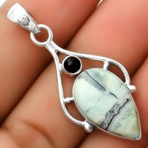 Dendritic Chrysoprase - Africa & Black Onyx 925 Silver Pendant Jewelry P-1575 - Picture 1 of 5