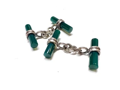 Gemelos vintage Art Deco de plata de ley con diseño de barril de jade Foto 1 de 2