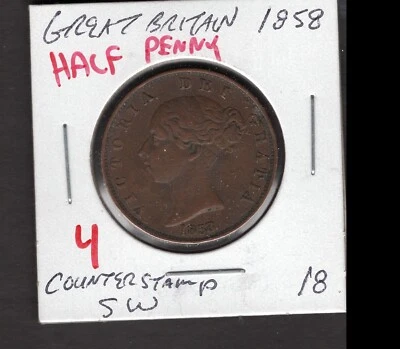 1858- Great Britain- Half Penny- Counterstamp - Image 1 of 2