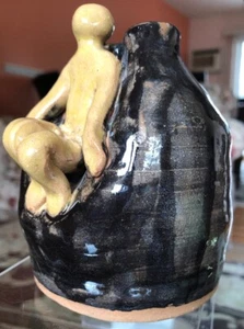 Unikat Keramik Glasur Tropfen Mann Figur braun gelb Vase - Bild 1 von 12