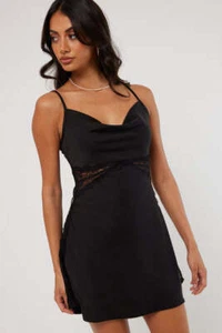 Perfect Stranger Size 8 Jamilla Satin Lace Panel Mini Dress Black Cowl Neck NEW - Imagen 1 de 14
