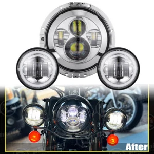 Chrome 7" LED Headlight & Bracket + Passing Lights For Harley Touring Road King - Imagen 1 de 12