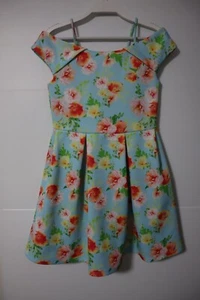 Origami non iron blue floral off shoulder girls fit n flare dress size 16 - Picture 1 of 2