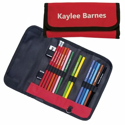 Personalisierte Folie Bleistiftetui mit 12 Buntstiften, 2 HB Bleistifte - rot