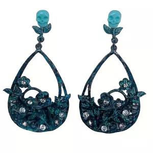 Betsey Johnson Blue Skull Large Hoop Earrings Crystal Statement TEAL PATINA - Picture 1 of 11