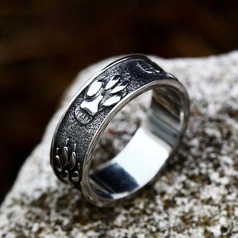 Vintage Bear Claw Paw Print Ring Titanium Men Women Retro Viking Wedding Band - Image 1 of 2