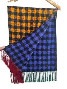 Gai Mattiolo Reversible Colorful Check Silk Fringe Scarf 46x17 Double Layer - Picture 1 of 3