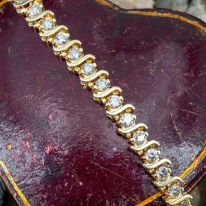 14k Solid Yellow Gold Diamond S Link Tennis Bracelet 46 Diamonds, 7” Inches Long - Picture 1 of 4