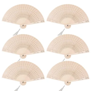 6 PCS Wooden Folding Fans Handheld Vintage Wood Hand Fan Foldable Chinese San... - Picture 1 of 6