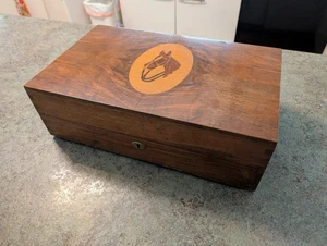 RARE Vintage Wood Inlay Horse Equestrian Musical Liquor Dovetail Box  See VIDEO - Picture 1 of 12