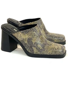 Vintage Y2K 00s Heels Mule Slides Chunky Square Toe Snake Shoes 2000s Leather 7 - Picture 1 of 9