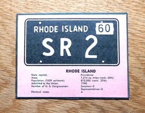 1960 Post Cereal RHODE ISLAND Box Cutout License Plate Card (C60P0039) - Picture 1 of 1