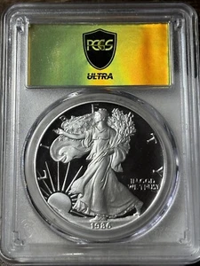 1986 Proof $1 PCGS PR-70DCAM 1oz American Silver Eagle Ultra Breaks Gold Label - Picture 1 of 4