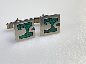 Alpaca Vintage Sterling Silver Cufflinks 925 Malachite 10.72g Taxco - Picture 1 of 5