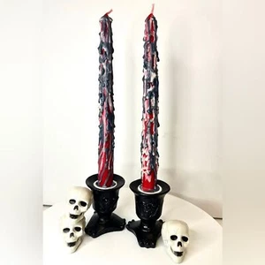 Hand Crafted Set of 2 Black Skull Taper Candle Holders w 2 Hand Dipped Candles - Picture 1 of 6