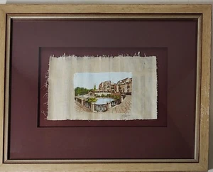 Dipinto originale papiro piazza italiana opacizzato e incorniciato firmato 11,5 x 14 in - Foto 1 di 12
