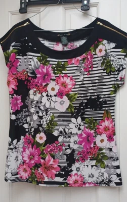 Suzie In The City Blouse Top Womans Medium Floral Short Sleeve - Изображение 1 из 4