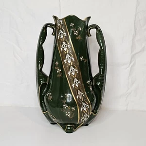K G Luneville France 1880's Art Nouveau Double Handle Vase Green Enameled & Gold - Picture 1 of 9