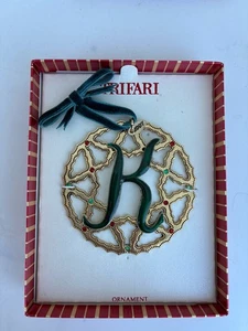 NEW Trifari Christmas Ornament Name Letter K Initial Green Enamel Crystal in Box - Picture 1 of 2