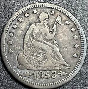 Cuarto de cuarto libertad sentada 1853 25C flechas de rayos sin clasificar 90 % plata - grieta - Imagen 1 de 2